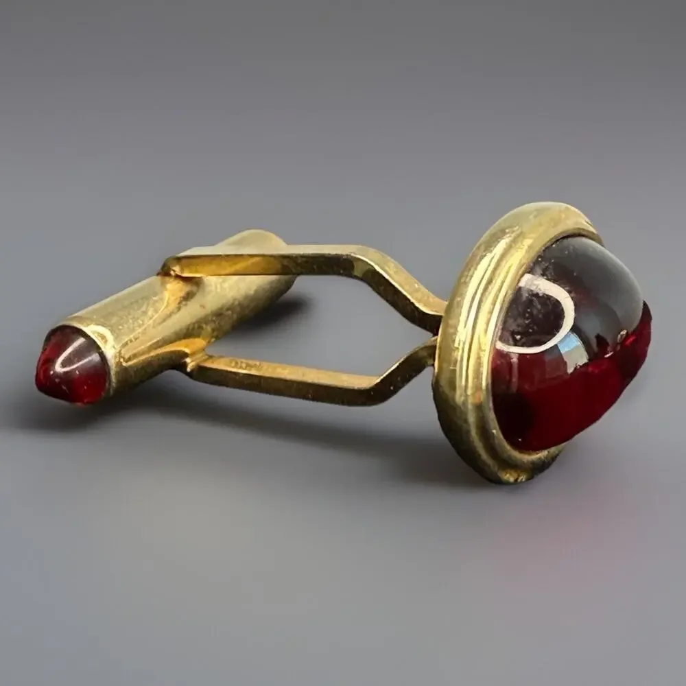 Vtg Krementz Gold Overlay Cuff Links Garnet Colored Glass Cabochon Jeweled Flips